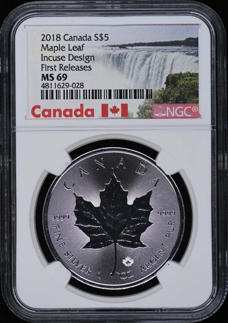 NGC MS69 2018 Canada Maple Leaf Incuse Design S$5: NGC MS69 2018 Canada Maple Leaf Incuse Design S$5 This 2018 Canada Maple Leaf coin features the incuse design and is graded MS69 by NGC. It is an uncirculated coin and comes from Canada. The coin is i