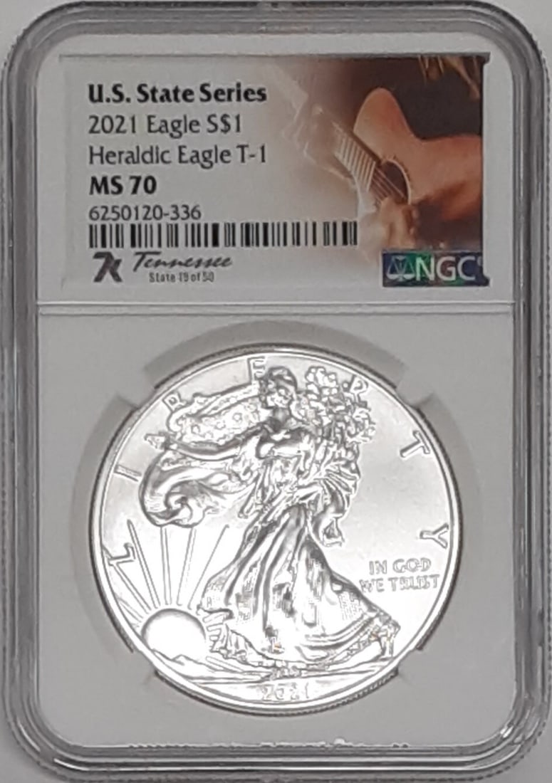 2021 American Silver Eagle Tennessee State Series NGC MS-70 1 Oz Coin 7K Label: 2021 American Silver Eagle Tennessee State Series NGC MS-70 1 Oz Coin 7K Label This 2021 American Silver Eagle 1 oz silver coin features the Type I reverse and is part of the U.S. State Series with a 