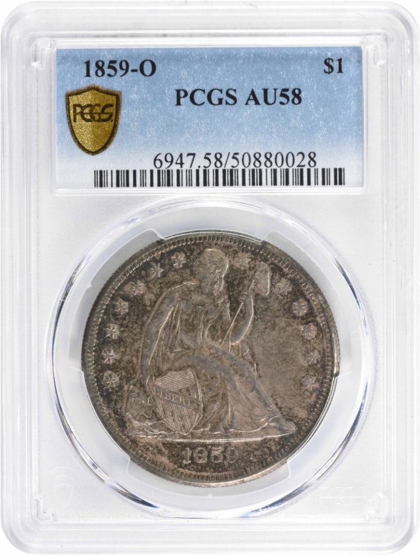 1859-O Liberty Seated Silver Dollar AU58 PCGS Certified 90% Silver: 1859-O Liberty Seated Silver Dollar AU58 PCGS Certified 90% Silver This 1859-O Liberty Seated Silver Dollar is a remarkable piece certified by PCGS with an AU58 grade, indicating its well-preserved co