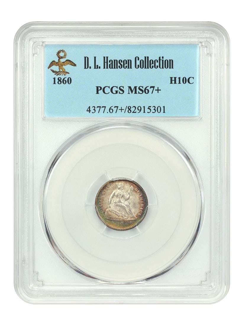 Liberty Seated Half Dime 1860 H10C PCGS MS67+ D.L. Hansen: Liberty Seated Half Dime 1860 H10C PCGS MS67+ D.L. Hansen 1860 Liberty Seated Half Dime graded PCGS MS67+ and certified by PCGS. Struck at Philadelphia, this uncirculated H10C issue is noted as the fi