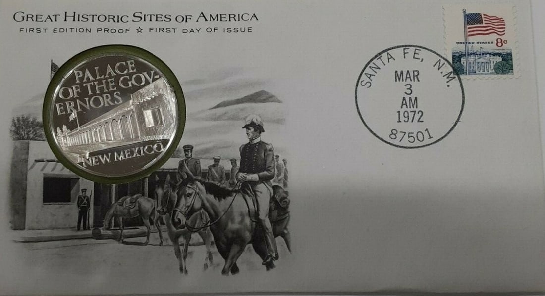 Sterling Silver Medal First Day Cover Great Historic Sites 1972 Santa Fe: Sterling Silver Medal First Day Cover Great Historic Sites 1972 Santa Fe This 1972 Great Historic Sites Series First Day Cover from the Franklin Mint features a sterling silver proof medal depicting t