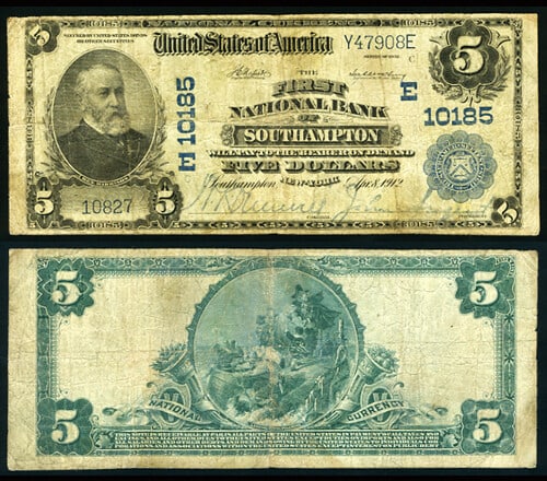 1902 PB $5 National Bank Note Southampton NY Ch #10185 Circulated: 1902 PB $5 National Bank Note Southampton NY Ch #10185 Circulated This is a 1902 $5 National Bank Note from Southampton, NY, issued by First National Bank, catalog number Ch #10185. The note is graded