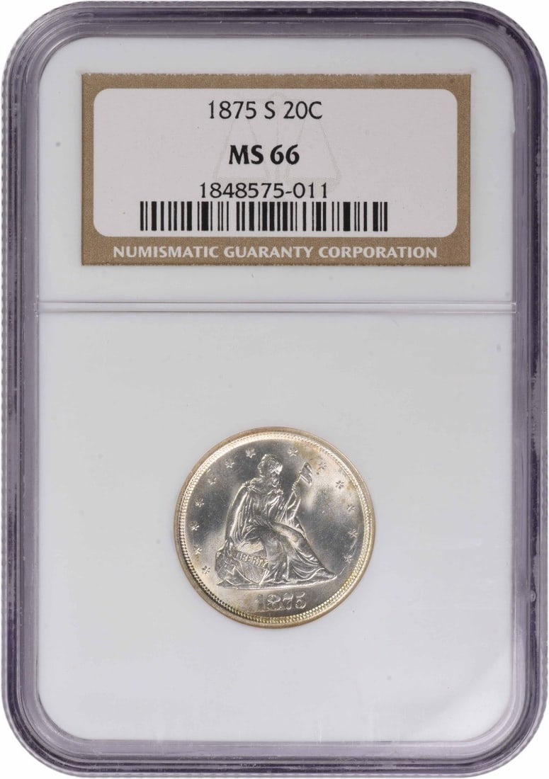NGC MS66 1875-S San Francisco Twenty Cent 90 Silver Coin: NGC MS66 1875-S San Francisco Twenty Cent 90 Silver Coin This 1875-S Twenty Cent Piece is graded MS66 by NGC and remains in uncirculated condition. Struck at the San Francisco Mint, the coin was desig