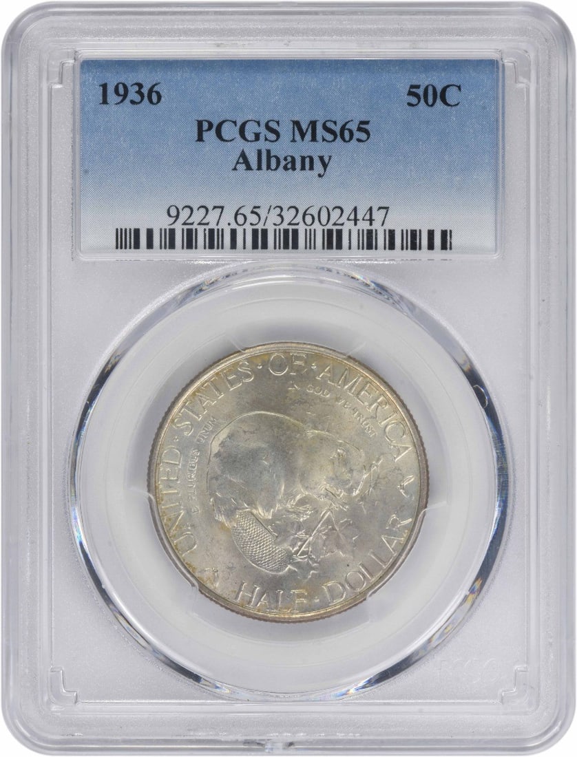 1936 Albany Silver Commemorative Half Dollar MS65 Graded by PCGS: 1936 Albany Silver Commemorative Half Dollar MS65 Graded by PCGS This 1936 Albany Commemorative Silver Half Dollar is graded MS65 by PCGS. Struck at the Philadelphia Mint, it features a composition of