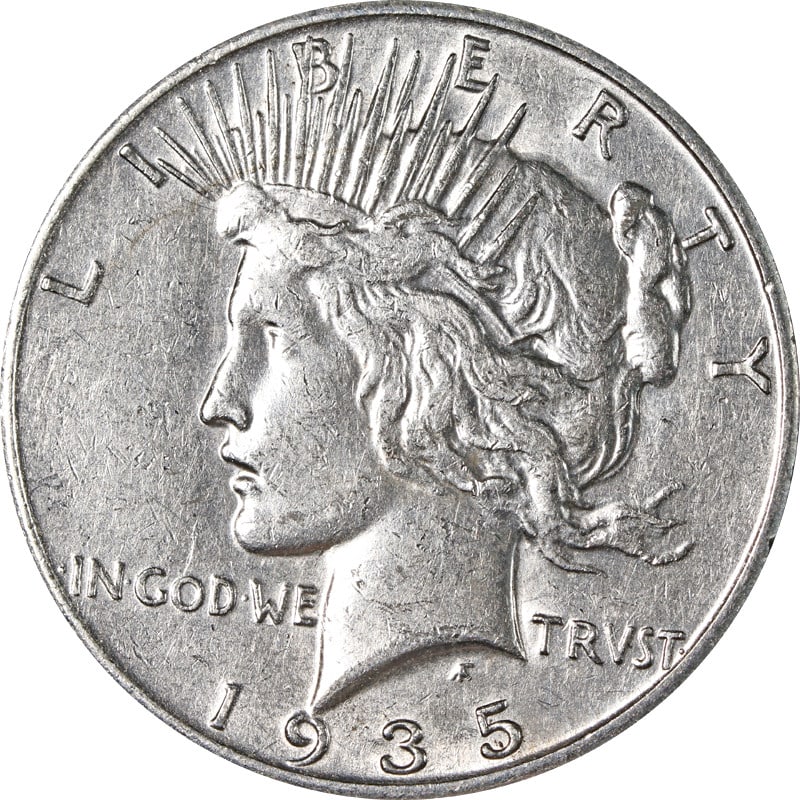 Silver 1935 San Francisco Mint Peace Dollar United States Coin: Silver 1935 San Francisco Mint Peace Dollar United States Coin This is a 1935-S Peace Dollar from the United States, composed of silver with a fineness of 0.9. The coin was minted in San Francisco and