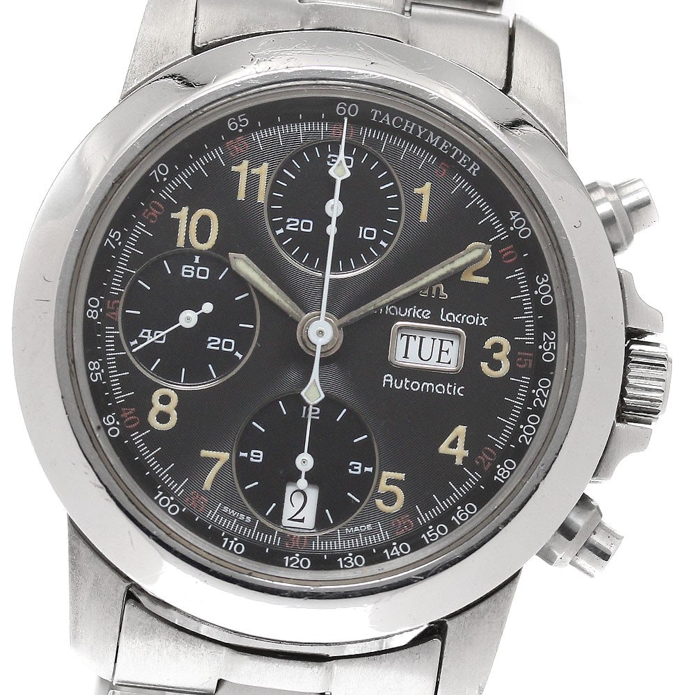 Maurice Lacroix Chroneo Automatic Chronograph Day-Date Watch 39721: Maurice Lacroix Chroneo Automatic Chronograph Day-Date Watch 39721 This Maurice Lacroix Chroneo Chronograph Day-Date men's wristwatch features a stainless steel case and band with a black dial. The wa