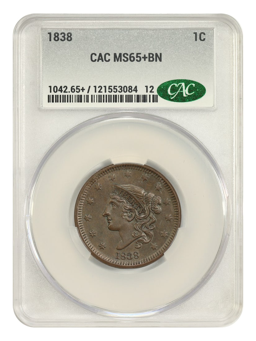 1838 Coronet Head Cent 1C CACG MS65+BN Brown: 1838 Coronet Head Cent 1C CACG MS65+BN Brown 1838 1C Coronet Head Cent certified by CACG with a grade of MS65+BN. Struck in Philadelphia, this uncirculated cent is described as original and high-end, 