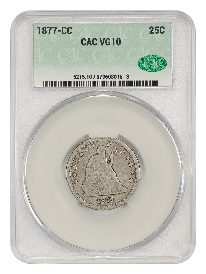 Liberty Seated Quarter 1877 CC 25C CACG VG10: Liberty Seated Quarter 1877 CC 25C CACG VG10 An 1877 Carson City Liberty Seated Quarter, denominated 25C and graded VG10 by CACG. This circulated, pre-owned coin carries certification number 979608015