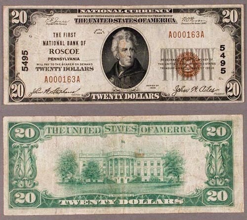 1929 T-1 Roscoe PA $20 National Bank Note First National Bank Charter 5495 (1 of 1)