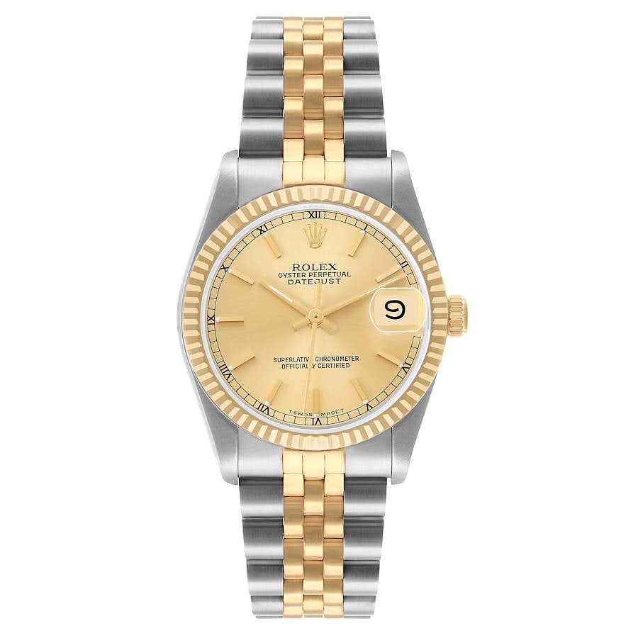 Rolex Ladies Datejust Ref 68273 Champagne Dial D Link Jubilee Bracelet with Papers 1993: Rolex Ladies Datejust Ref 68273 Champagne Dial D Link Jubilee Bracelet with Papers 1993 This ladies Rolex Datejust watch features a champagne stick dial, a fluted bezel, and is paired with a D-Link Ju