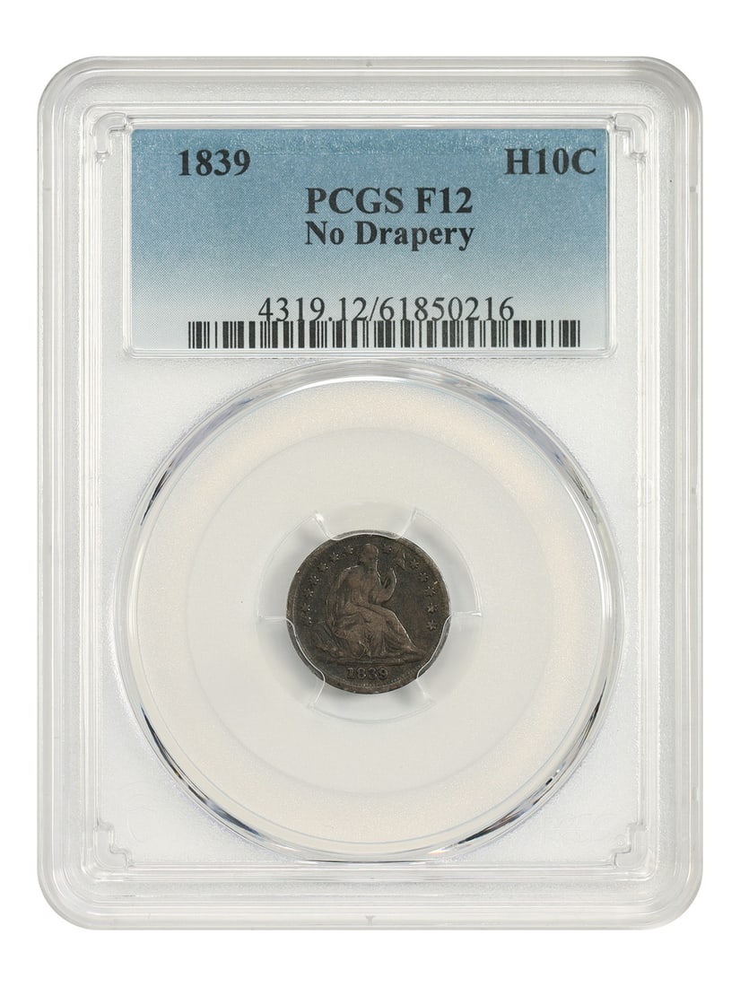 1839 Liberty Seated Half Dime H10C PCGS F12 No Drapery: 1839 Liberty Seated Half Dime H10C PCGS F12 No Drapery An 1839 Liberty Seated Half Dime graded Fine 12 by PCGS. The coin is a circulated Philadelphia issue with the No Drapery variety. It is pre-owned