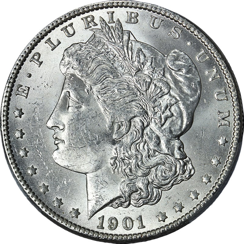 PCGS MS63 1901-O Morgan Dollar Uncirculated Silver Coin: PCGS MS63 1901-O Morgan Dollar Uncirculated Silver Coin This stunning 1901-O Morgan Silver Dollar features a brilliant white finish and has been graded MS63 by PCGS, showcasing exceptional eye appeal 
