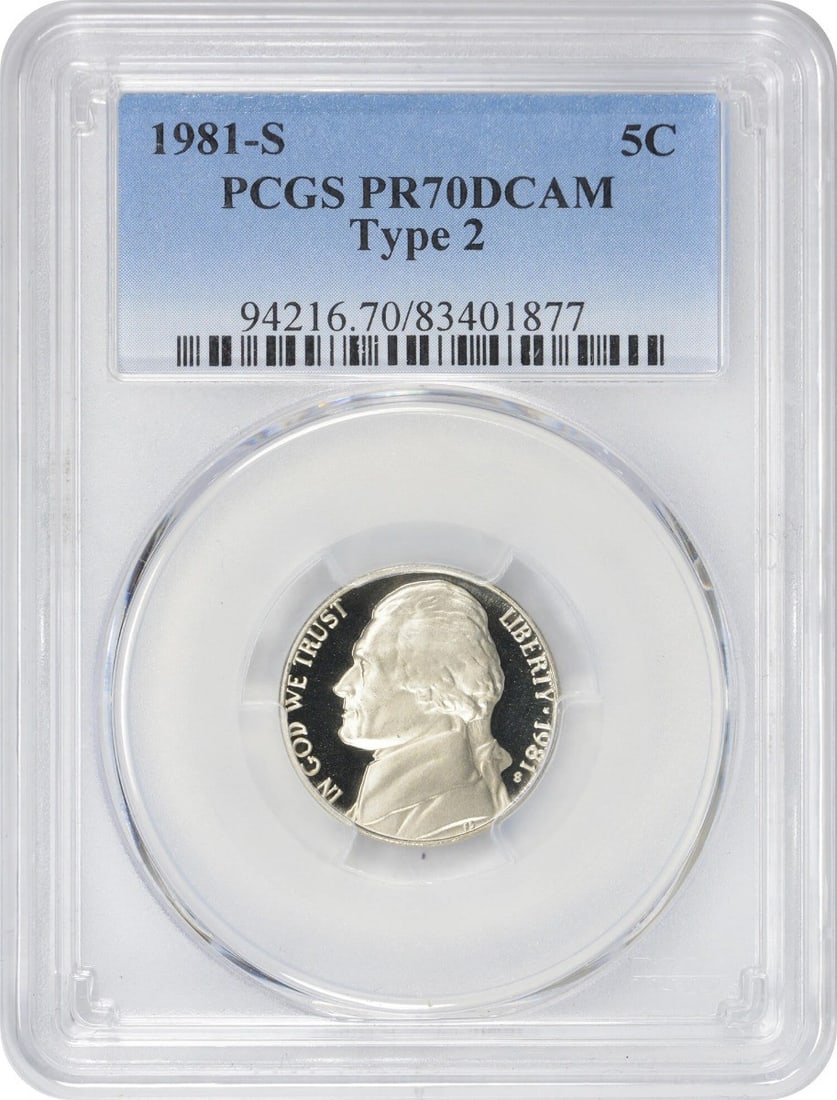 1981-S Jefferson Nickel PR70DCAM PCGS Uncirculated Coin: 1981-S Jefferson Nickel PR70DCAM PCGS Uncirculated Coin This stunning 1981-S Jefferson Nickel Type 2 is graded PR70DCAM by PCGS, signifying it as one of the highest quality coins available. This uncir
