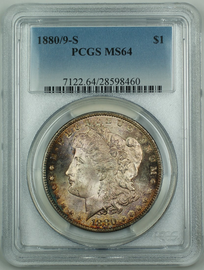 PCGS MS-64 1880/9-S Morgan Dollar San Francisco Silver Coin Nicely Toned: PCGS MS-64 1880/9-S Morgan Dollar San Francisco Silver Coin Nicely Toned This 1880/9-S Morgan Silver Dollar is graded MS-64 by PCGS and features attractive toning. Struck in San Francisco, this uncirc