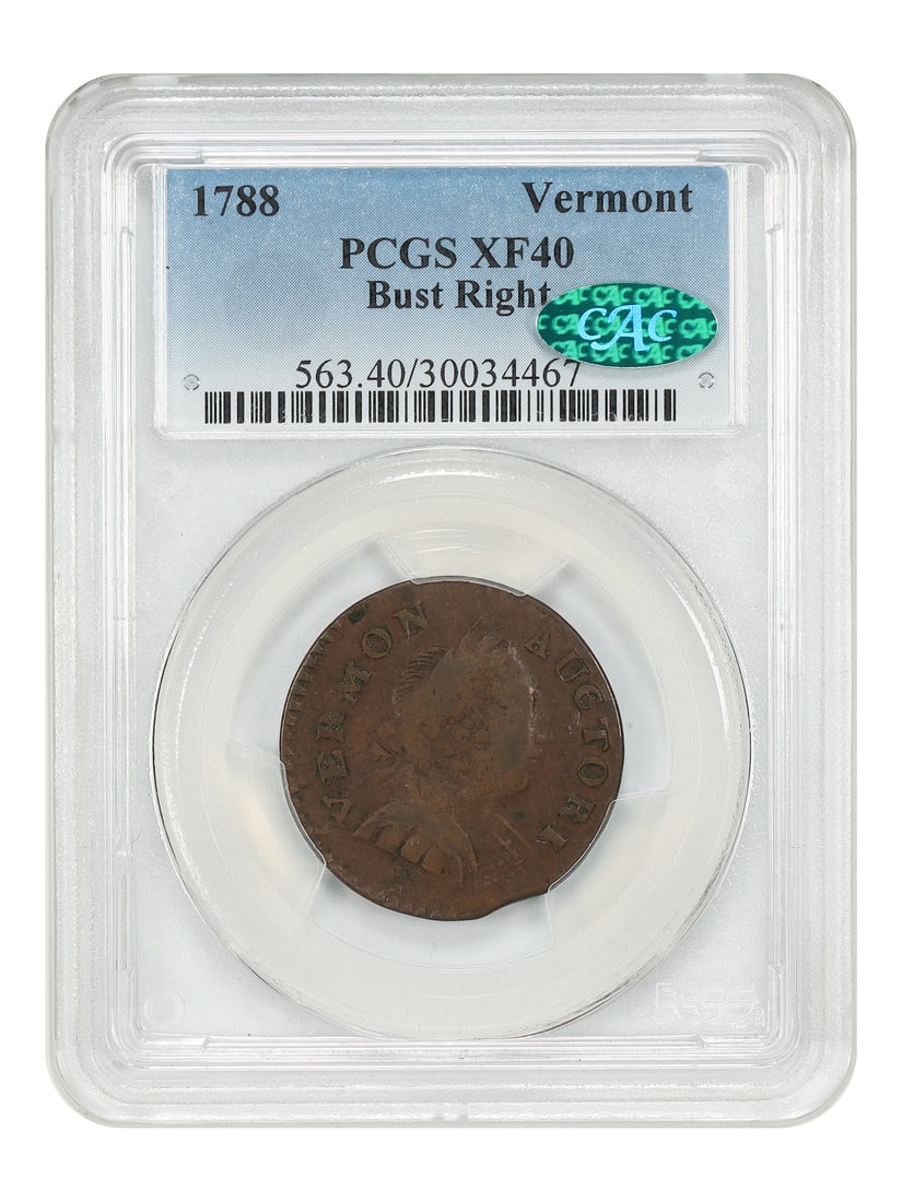 1788 Vermont Bust Right Colonial Copper PCGS XF40 CAC: 1788 Vermont Bust Right Colonial Copper PCGS XF40 CAC An impressively original 1788 Vermont Bust Right colonial copper variety, certified by PCGS and approved by CAC. The coin is circulated and graded
