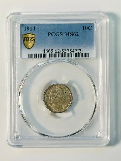 PCGS MS-62 1914 P Barber Silver Dime: PCGS MS-62 1914 P Barber Silver Dime This 1914 Barber Dime was minted in Philadelphia and is composed of silver. It has been graded MS 62 by PCGS, indicating a Mint State coin with minor imperfections