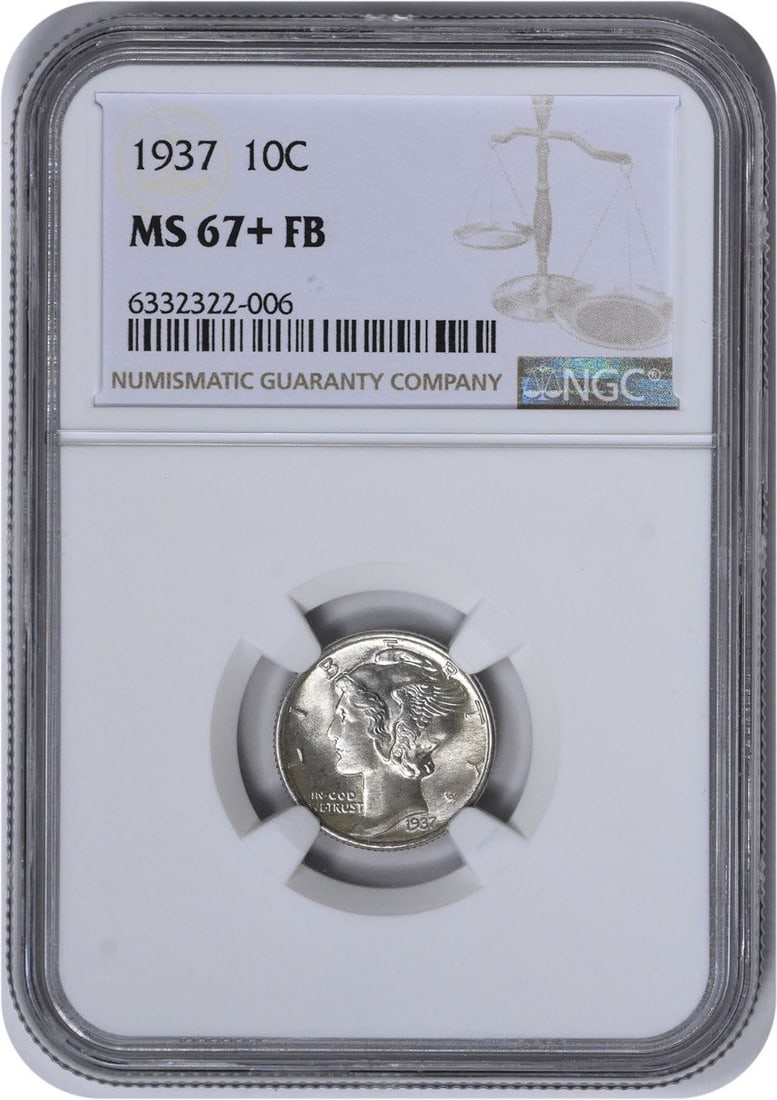 NGC MS67+FB 1937 Mercury Dime 90% Silver Philadelphia Mint: NGC MS67+FB 1937 Mercury Dime 90% Silver Philadelphia Mint This 1937 Mercury Dime from the United States was struck at the Philadelphia Mint and features the iconic design by Adolph Alexander Weinman.