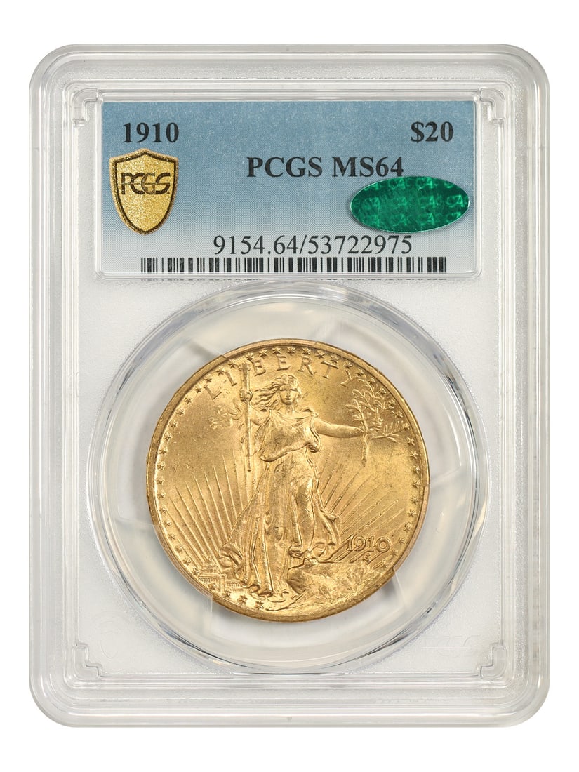 1910 Philadelphia Saint-Gaudens Double Eagle $20 PCGS MS64 CAC: 1910 Philadelphia Saint-Gaudens Double Eagle $20 PCGS MS64 CAC 1910 $20 Saint-Gaudens Double Eagle from the Philadelphia Mint, certified by PCGS and approved by CAC. Graded MS64, this uncirculated exa