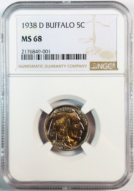 NGC MS-68 1938 D Nickel Five Cents Uncirculated USA Coin: NGC MS-68 1938 D Nickel Five Cents Uncirculated USA Coin This 1938 D Buffalo Nickel is certified by NGC with a high grade of MS 68, indicating it is uncirculated and in exceptional condition. Minted i