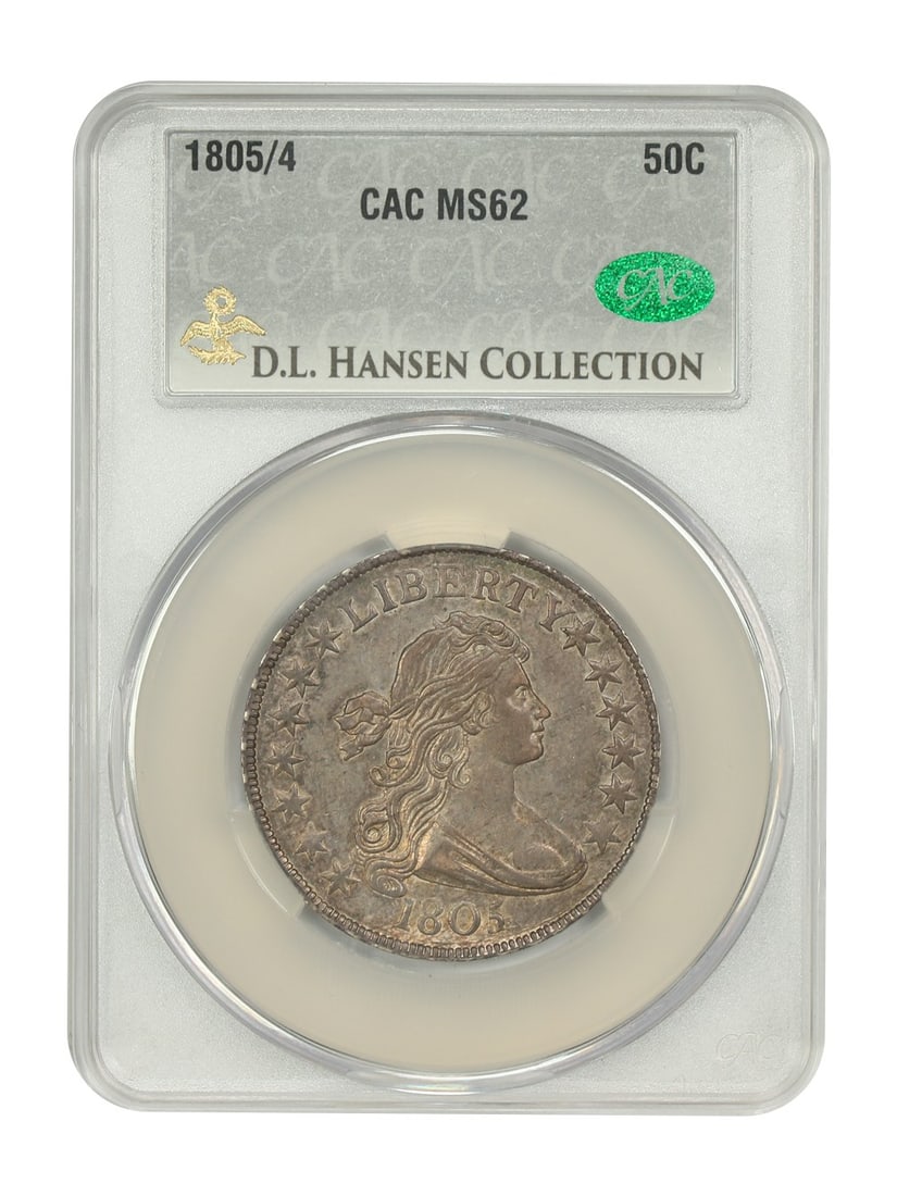 CACG MS62 1805 4 Overdate Draped Bust Half Dollar 50C: CACG MS62 1805 4 Overdate Draped Bust Half Dollar 50C This 1805/4 Draped Bust Half Dollar is a CACG-certified Mint State 62 example from Philadelphia, with certification number 409346449. The coin is 