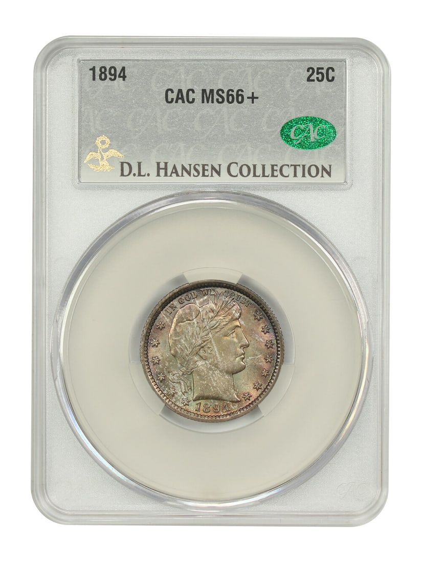 1894 Barber Quarter 25C MS66+ CACG ex D.L. Hansen: 1894 Barber Quarter 25C MS66+ CACG ex D.L. Hansen This 1894 Barber Quarter is a CACG-certified uncirculated coin graded MS66+. It is from the Philadelphia mint and is identified as a 25C issue in the 