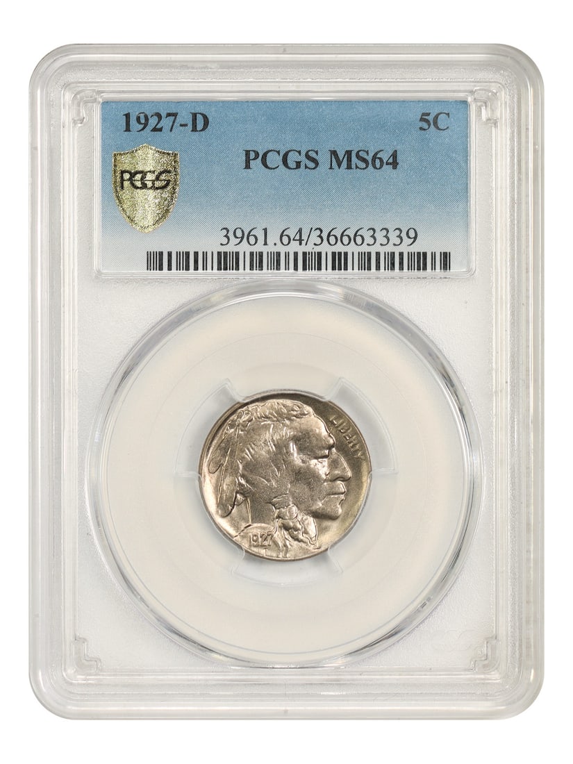 Buffalo Nickel 1927-D 5C PCGS MS64 Uncirculated: Buffalo Nickel 1927-D 5C PCGS MS64 Uncirculated This 1927-D Buffalo Nickel is a PCGS-certified uncirculated coin from the Denver Mint. It shows peach and tan hues on both sides with strong luster thro