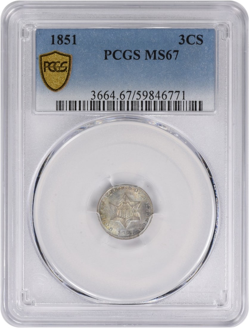 1851 Three Cent Silver Coin MS67 PCGS Uncirculated Philadelphia Mint: 1851 Three Cent Silver Coin MS67 PCGS Uncirculated Philadelphia Mint This 1851 Three Cent Silver coin, graded MS67 by PCGS, showcases exceptional quality and craftsmanship. Struck at the Philadelphia 