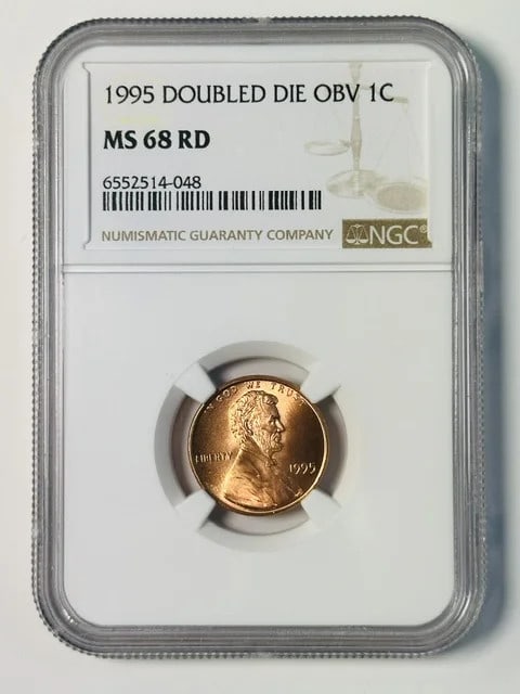 NGC MS-68 RD 1995 Lincoln Cent Double Die Obverse: NGC MS-68 RD 1995 Lincoln Cent Double Die Obverse 1995 Lincoln cent certified by NGC with an MS 68 RD grade and doubled die obverse designation. The coin is composed of copper and is listed as pre-own