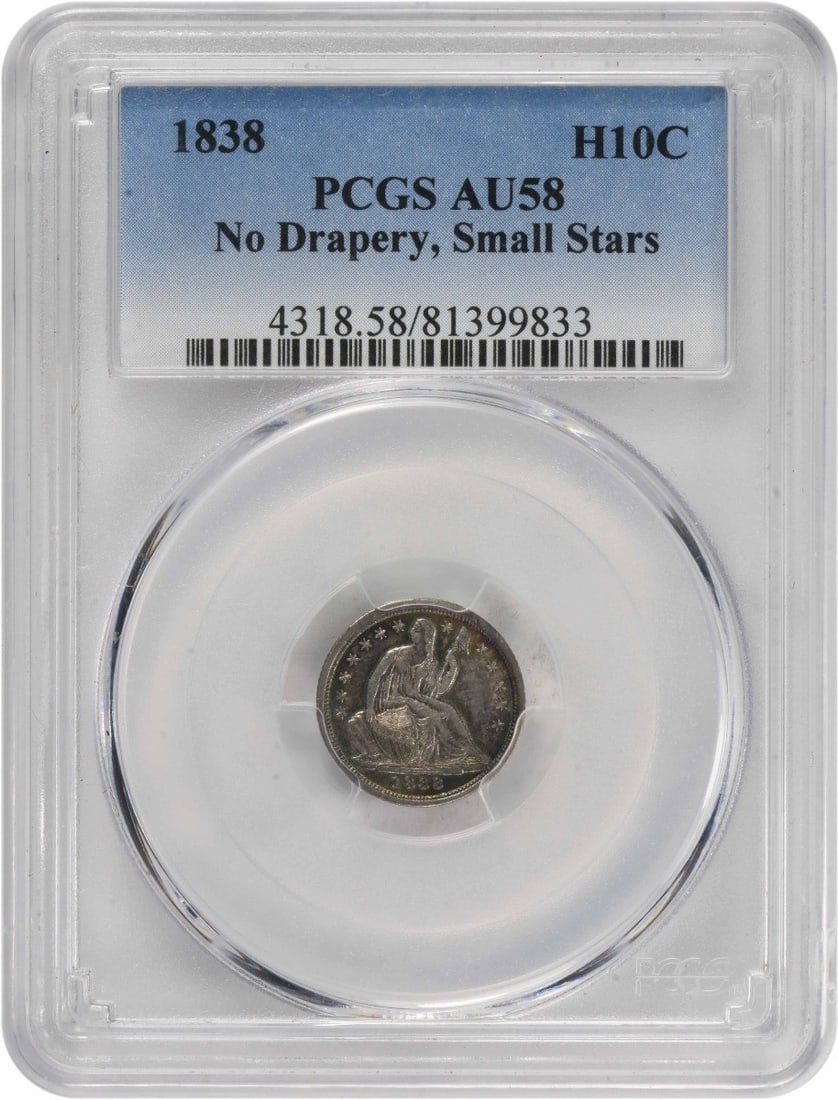 1838 Liberty Seated Half Dime AU58 PCGS Silver Coin: 1838 Liberty Seated Half Dime AU58 PCGS Silver Coin This 1838 Liberty Seated Silver Half Dime is a remarkable piece of numismatic history. Graded AU58 by PCGS, this coin features the iconic seated lib