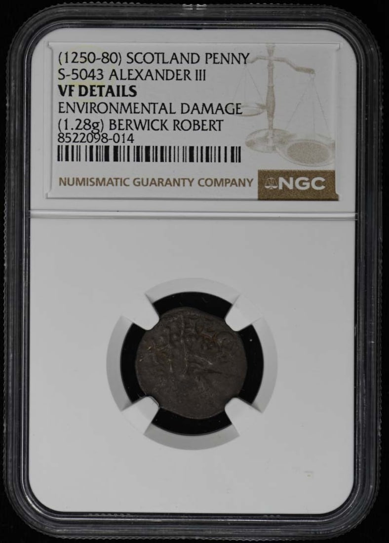 NGC VF Details Alexander III Scotland Penny: NGC VF Details Alexander III Scotland Penny This is a Scotland S-5043 Alexander III penny, dated between 1250 and 1280. The coin has been graded as VF Details by NGC and is classified as uncirculated.