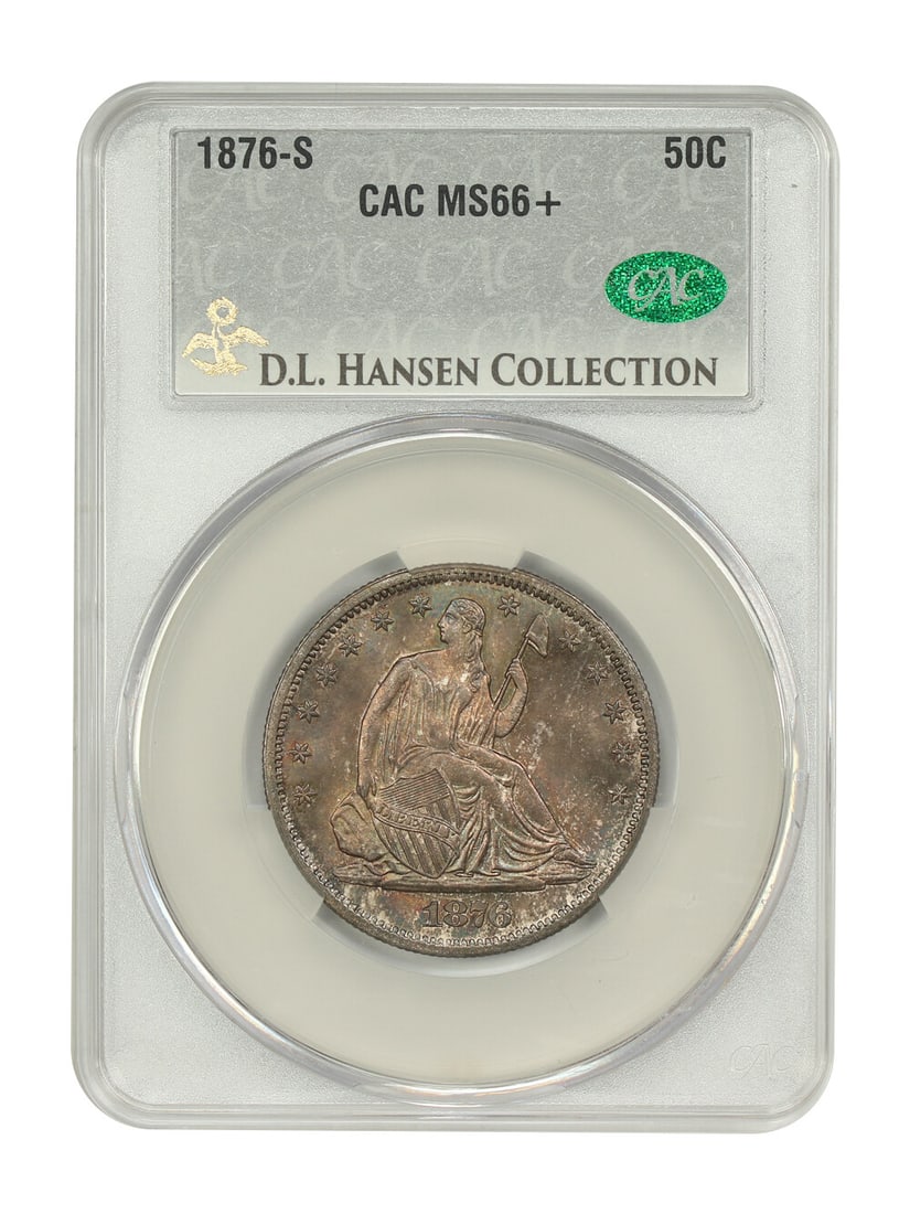 CACG MS66+ 1876-S Liberty Seated Half Dollar ex D.L. Hansen: CACG MS66+ 1876-S Liberty Seated Half Dollar ex D.L. Hansen 1876-S Liberty Seated Half Dollar, denomination 50C, certified by CACG and graded MS66+. This uncirculated coin is from the San Francisco mi