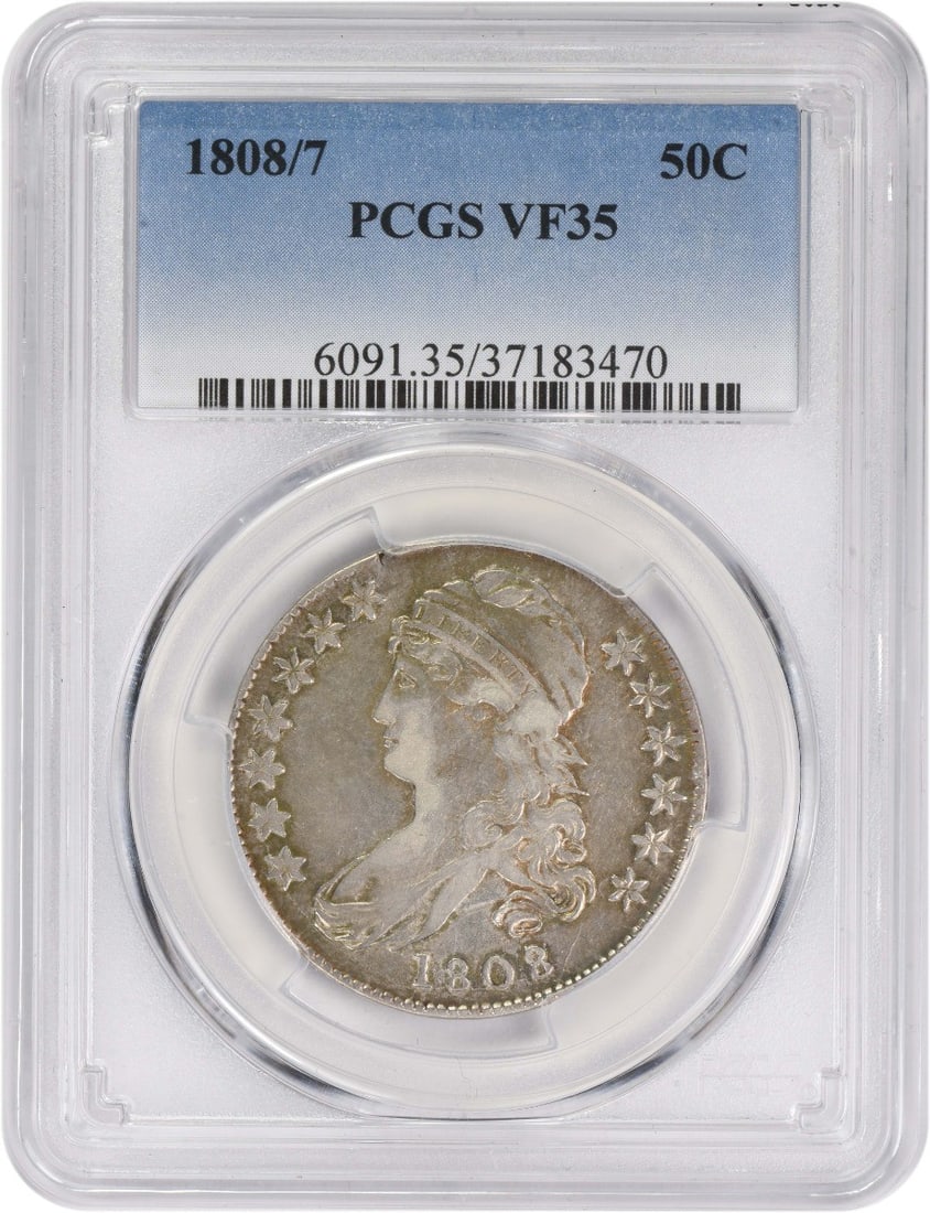 1808/7 Bust Silver Half Dollar 50C VF35 PCGS Certified: 1808/7 Bust Silver Half Dollar 50C VF35 PCGS Certified This 1808/7 Bust Silver Half Dollar is a remarkable piece of American numismatic history, showcasing the artistry of designer John Reich. Struck 