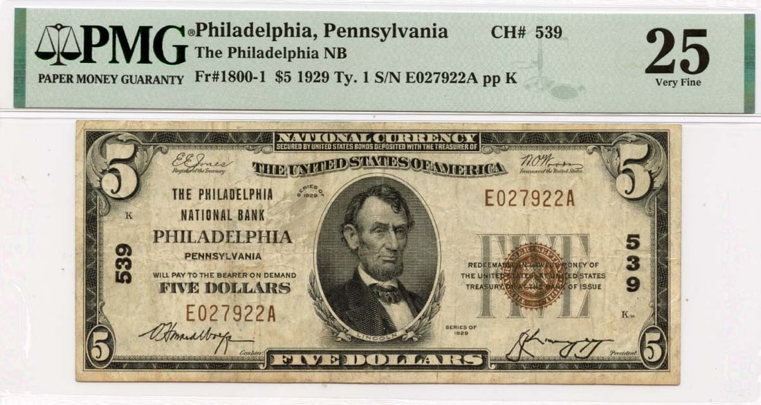 PMG VF25 1929 Philadelphia National Bank $5 Note: PMG VF25 1929 Philadelphia National Bank $5 Note This is a 1929 Type 1 five dollar banknote issued by the Philadelphia National Bank in Pennsylvania. The note has been graded VF25 by PMG, indicating i