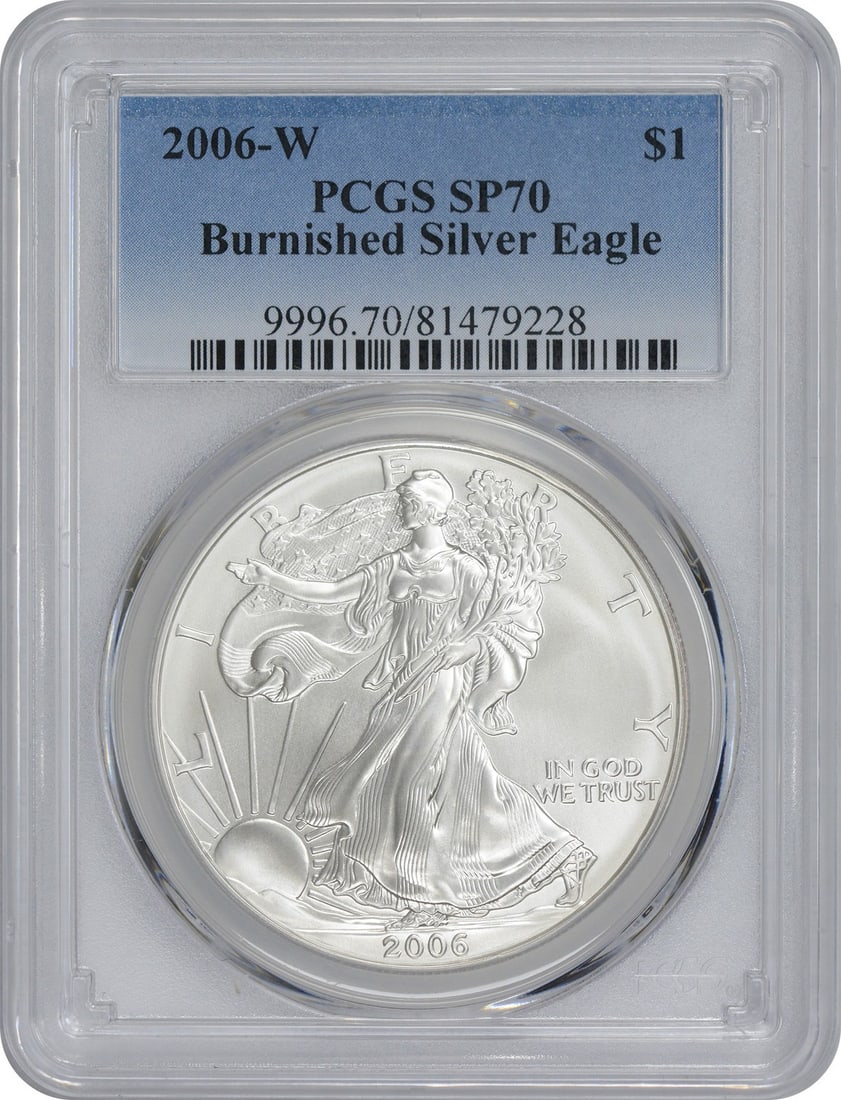 2006-W Burnished American Silver Eagle SP70 PCGS 1 oz Coin: 2006-W Burnished American Silver Eagle SP70 PCGS 1 oz Coin This 2006-W American Silver Eagle coin features a burnished finish and is graded SP70 by PCGS, ensuring its exceptional quality. Composed of 