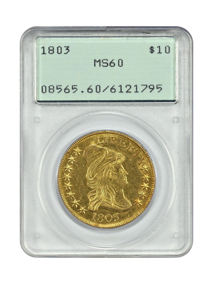 PCGS MS60 1803 Draped Bust $10 Gold Coin OGH Rattler: PCGS MS60 1803 Draped Bust $10 Gold Coin OGH Rattler An 1803 Draped Bust $10 gold coin certified by PCGS and graded MS60. Struck at the Philadelphia Mint, this uncirculated example is described as an 