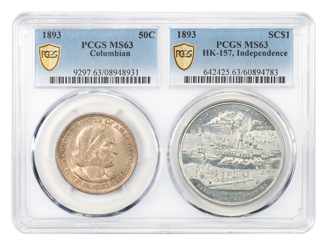 PCGS MS63 Dual Holder 1893 Columbian 50C and Independence SC$1 HK-157: PCGS MS63 Dual Holder 1893 Columbian 50C and Independence SC$1 HK-157 1893 50C Columbian and SC$1 HK-157 Independence dual holder coin set certified by PCGS. The 50C coin is from Philadelphia and is l