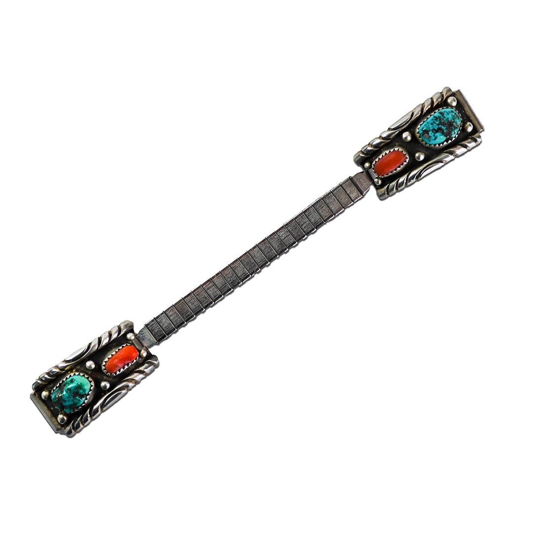 Sterling Silver Turquoise Coral Watch Band 5 inch: Sterling Silver Turquoise Coral Watch Band 5 inch This antique watch band is crafted from sterling silver and features both turquoise and coral stones. It measures 5 inches in length and weighs 0.605 