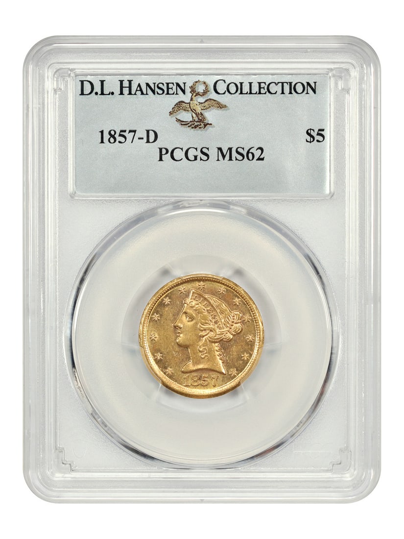 1857-D Liberty Head $5 PCGS MS62 Dahlonega Gold Coin: 1857-D Liberty Head $5 PCGS MS62 Dahlonega Gold Coin This stunning 1857-D $5 Liberty Head coin is certified by PCGS with a grade of MS62 and boasts an impressive certification number of 43183536. Stru