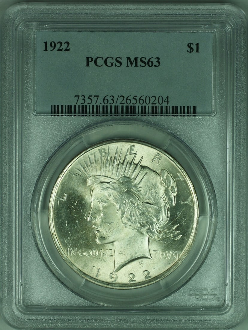 PCGS MS 63 1922 Peace Silver Dollar Philadelphia Mint $1 Coin: PCGS MS 63 1922 Peace Silver Dollar Philadelphia Mint $1 Coin This is a 1922 Peace Silver Dollar $1 coin certified by PCGS with a grade of MS 63. Minted in Philadelphia, this uncirculated coin is comp