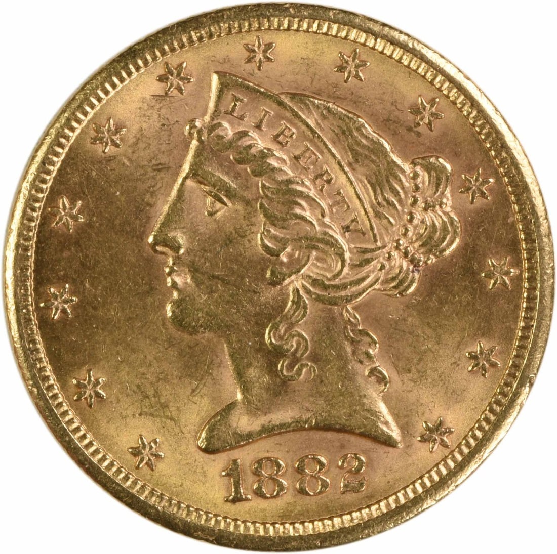 1882-S Liberty Head $5 Gold Coin MS60 Uncertified: 1882-S Liberty Head $5 Gold Coin MS60 Uncertified This 1882-S $5 Gold Liberty Head coin is an uncertified, pre-owned example from the San Francisco Mint. Designed by Christian Gobrecht, it features a 