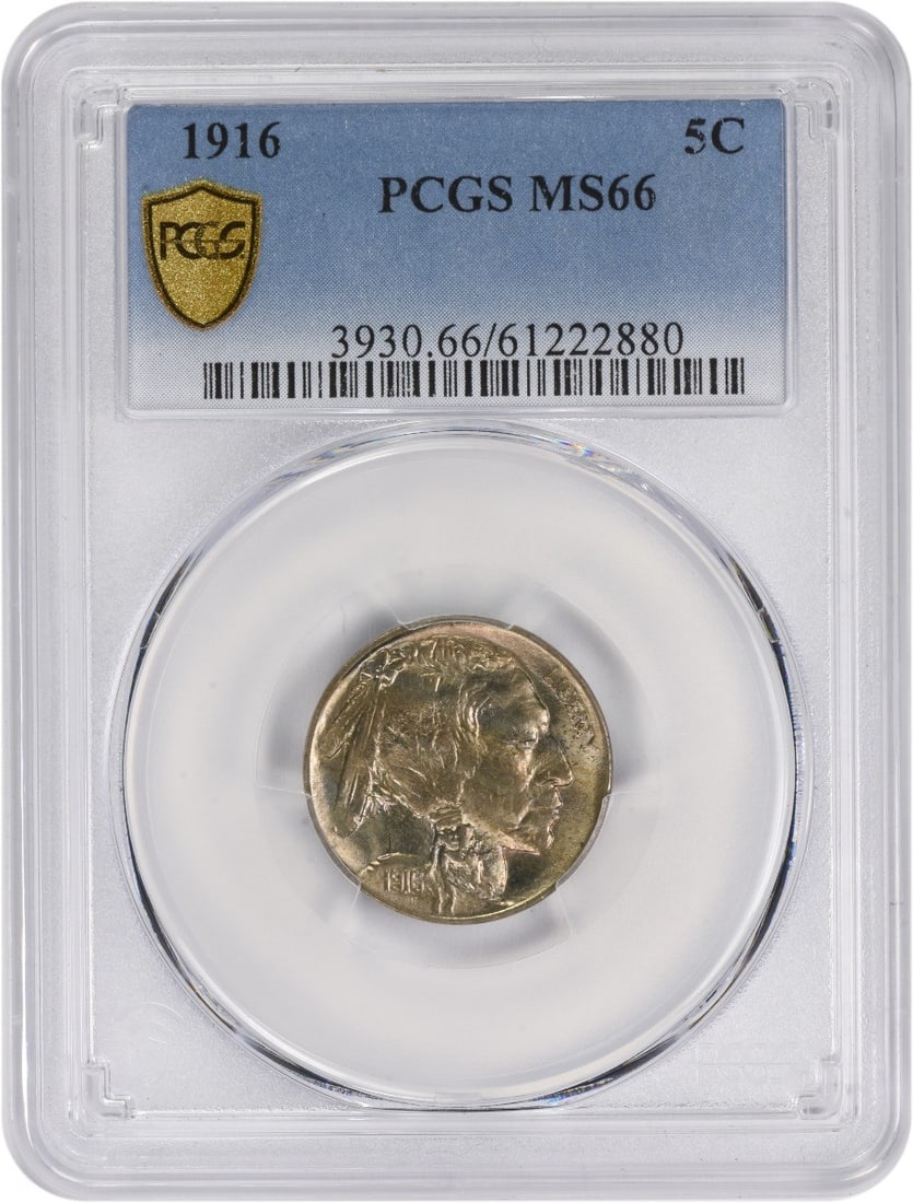 PCGS MS66 1916 Buffalo 5C Nickel: PCGS MS66 1916 Buffalo 5C Nickel This 1916 Buffalo Nickel is graded MS66 by PCGS, indicating an uncirculated condition. The coin is composed of nickel and features the classic Buffalo design. It was m