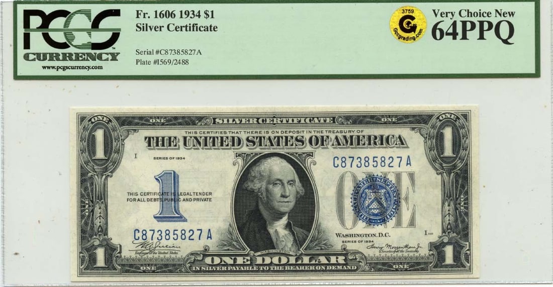 1934 United States $1 Silver Certificate PCGS CU64 PPQ: 1934 United States $1 Silver Certificate PCGS CU64 PPQ This is a 1934 $1 Silver Certificate from the United States, certified by PCGS Currency with a grade of MS64. The note is uncirculated and is ide