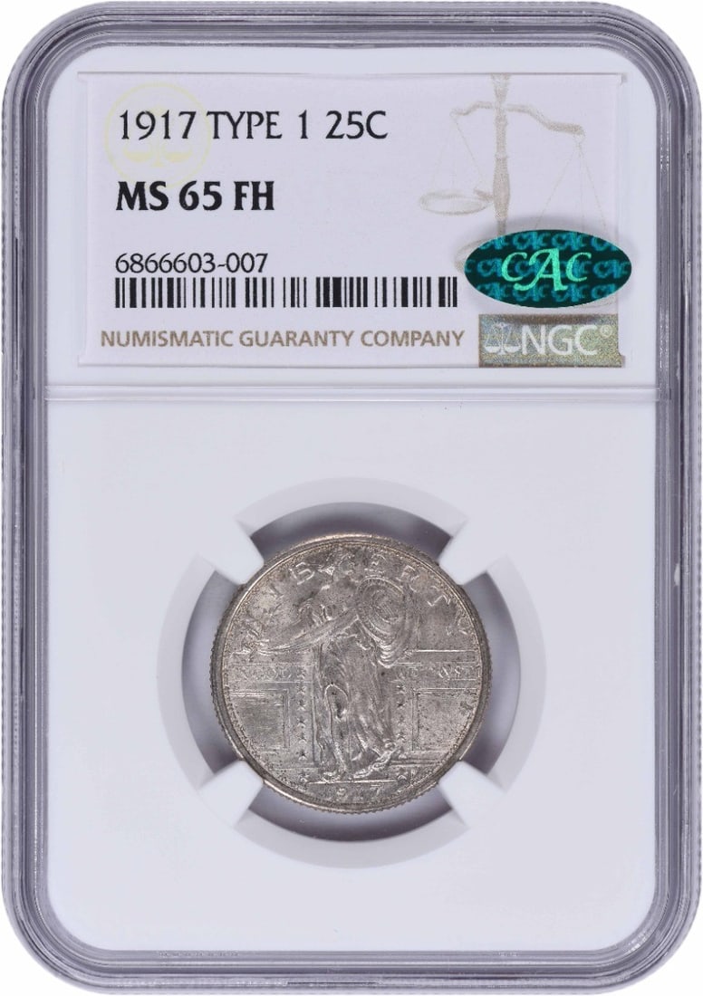 1917 Standing Liberty 25C Silver NGC MS65FH CAC: 1917 Standing Liberty 25C Silver NGC MS65FH CAC This is a 1917 Standing Liberty Silver Quarter, Type 1, graded MS65FH by NGC and verified by CAC. The coin is uncirculated and features no mint mark. It