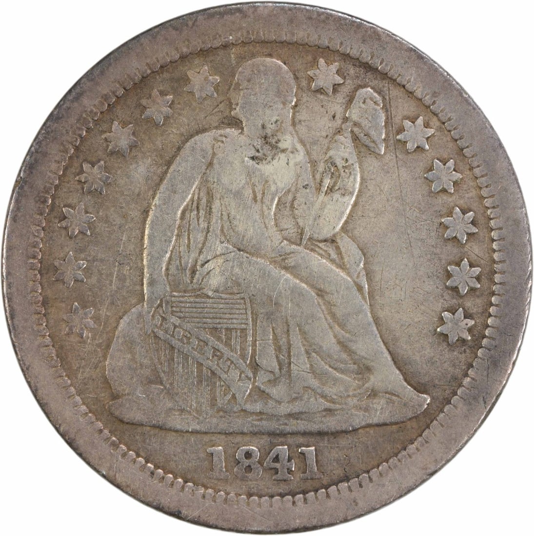 1841-O Liberty Seated Silver Dime VF Uncertified 10C: 1841-O Liberty Seated Silver Dime VF Uncertified 10C This 1841-O Liberty Seated Silver Dime is a remarkable collectible from the United States, featuring a design by Christian Gobrecht. The coin is gr