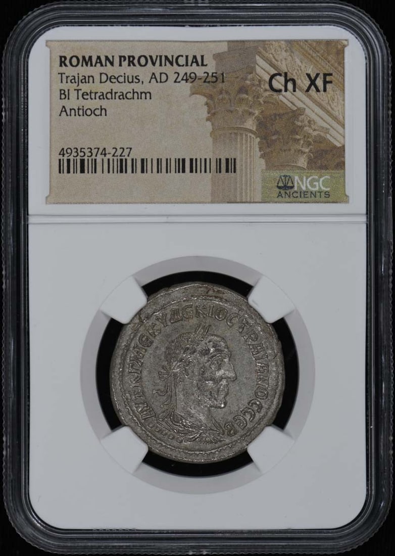 NGC XF45 Roman Provincial Tetradrachm Coin Issued by Trajan Decius: NGC XF45 Roman Provincial Tetradrachm Coin Issued by Trajan Decius This is a Roman Provincial BI Tetradrachm from the reign of Trajan Decius, who ruled from AD 249 to 251. The coin is certified by NGC