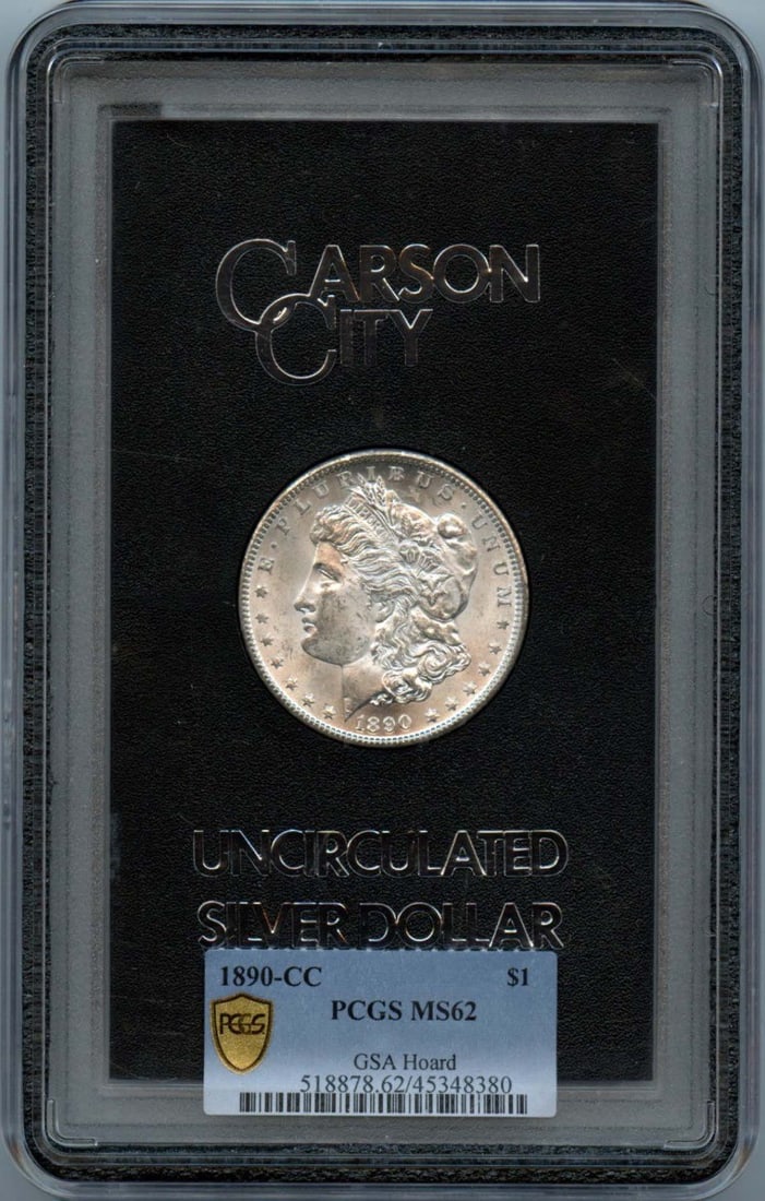 PCGS MS62 1890 Carson City Morgan Silver Dollar from GSA Hoard: PCGS MS62 1890 Carson City Morgan Silver Dollar from GSA Hoard This 1890-CC Morgan Dollar is part of the GSA Hoard and has been certified by PCGS with a grade of MS62. Minted at the Carson City Mint, 
