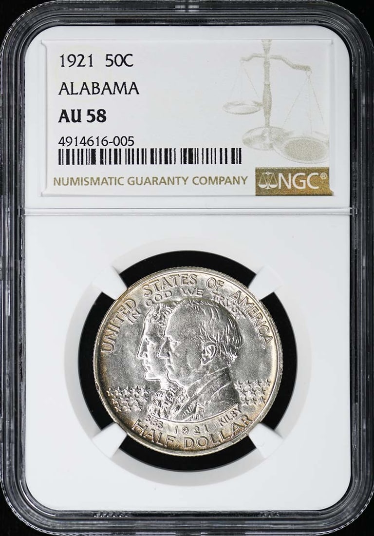 1921 Alabama Silver Commemorative Half Dollar NGC AU58: 1921 Alabama Silver Commemorative Half Dollar NGC AU58 This is a 1921 Alabama Silver Commemorative Half Dollar graded AU58 by NGC. The coin was minted in Philadelphia and is classified as circulated. 
