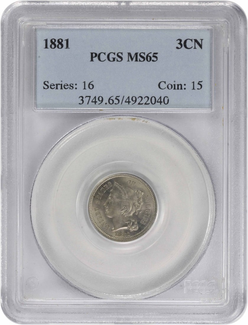 PCGS MS65 1881 3C Nickel Coin: PCGS MS65 1881 3C Nickel Coin This 1881 Three Cent Nickel coin is graded MS65 by PCGS, indicating a high-quality uncirculated condition. Struck in nickel, it carries the denomination of 3 cents and do