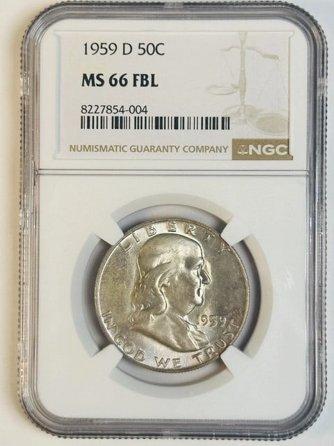 1959-D Franklin Half Dollar NGC MS-66 FBL Silver: 1959-D Franklin Half Dollar NGC MS-66 FBL Silver This 1959 Franklin Half Dollar was minted in Denver and is composed of silver. Graded MS-66 Full Bell Lines (FBL) by NGC, this uncirculated coin is a p