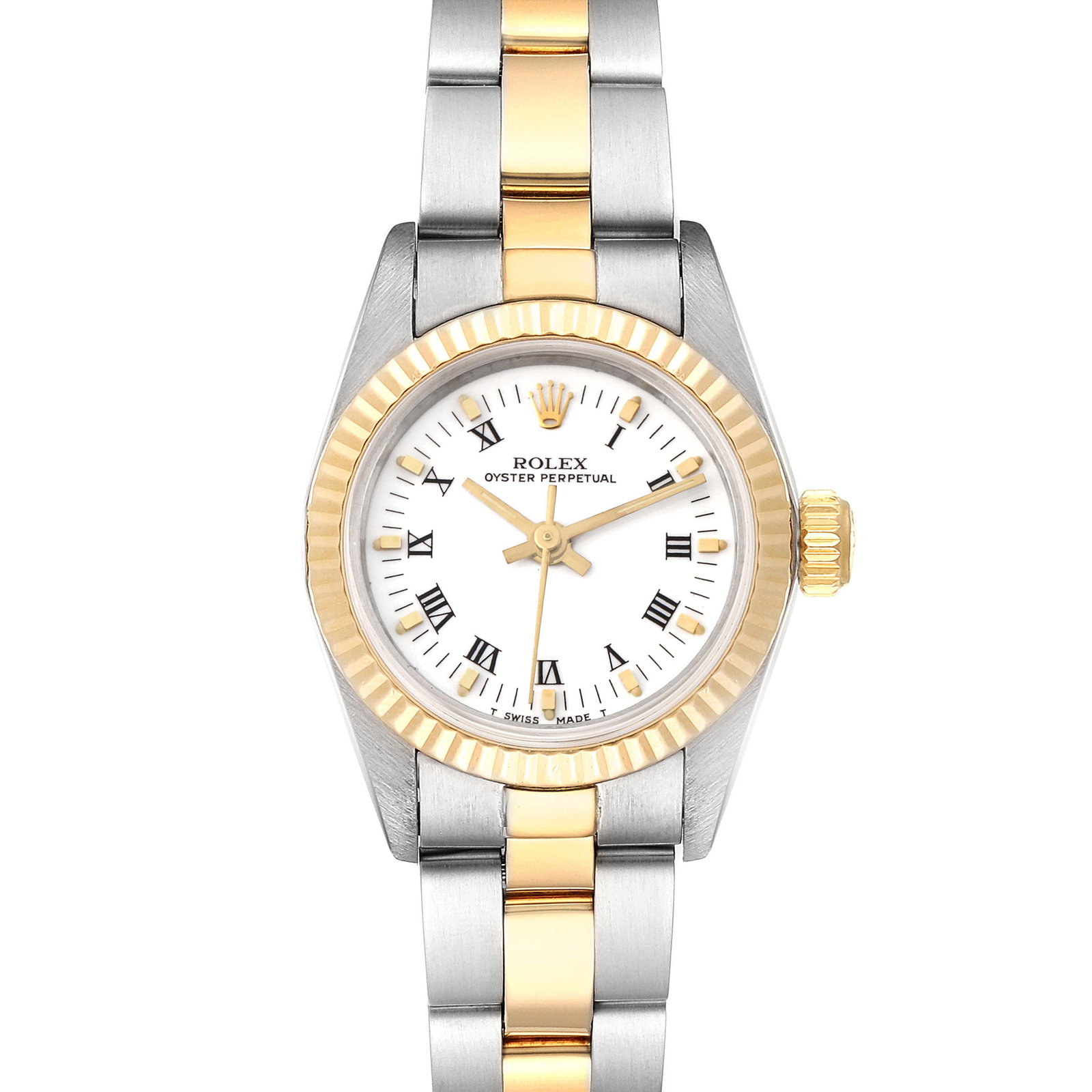 Rolex Oyster Perpetual Ladies White Roman Dial 67193 Oyster Bracelet: Rolex Oyster Perpetual Ladies White Roman Dial 67193 Oyster Bracelet This is a ladies Rolex Oyster Perpetual watch, featuring a white Roman numeral dial, a fluted bezel, and an Oyster bracelet. The wa